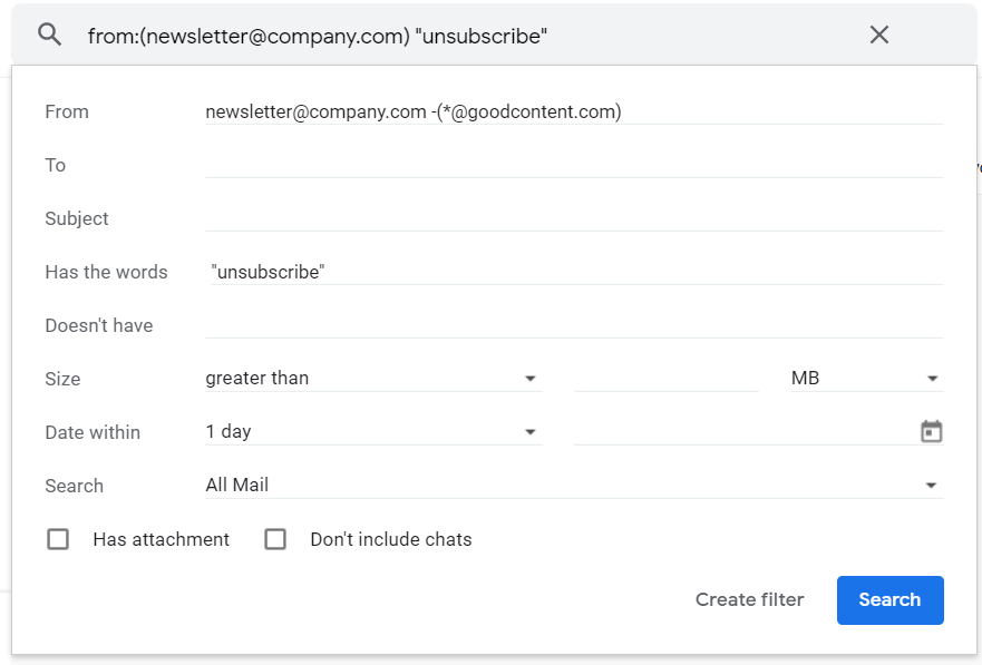 Unsubscribe filter in Gmail settings