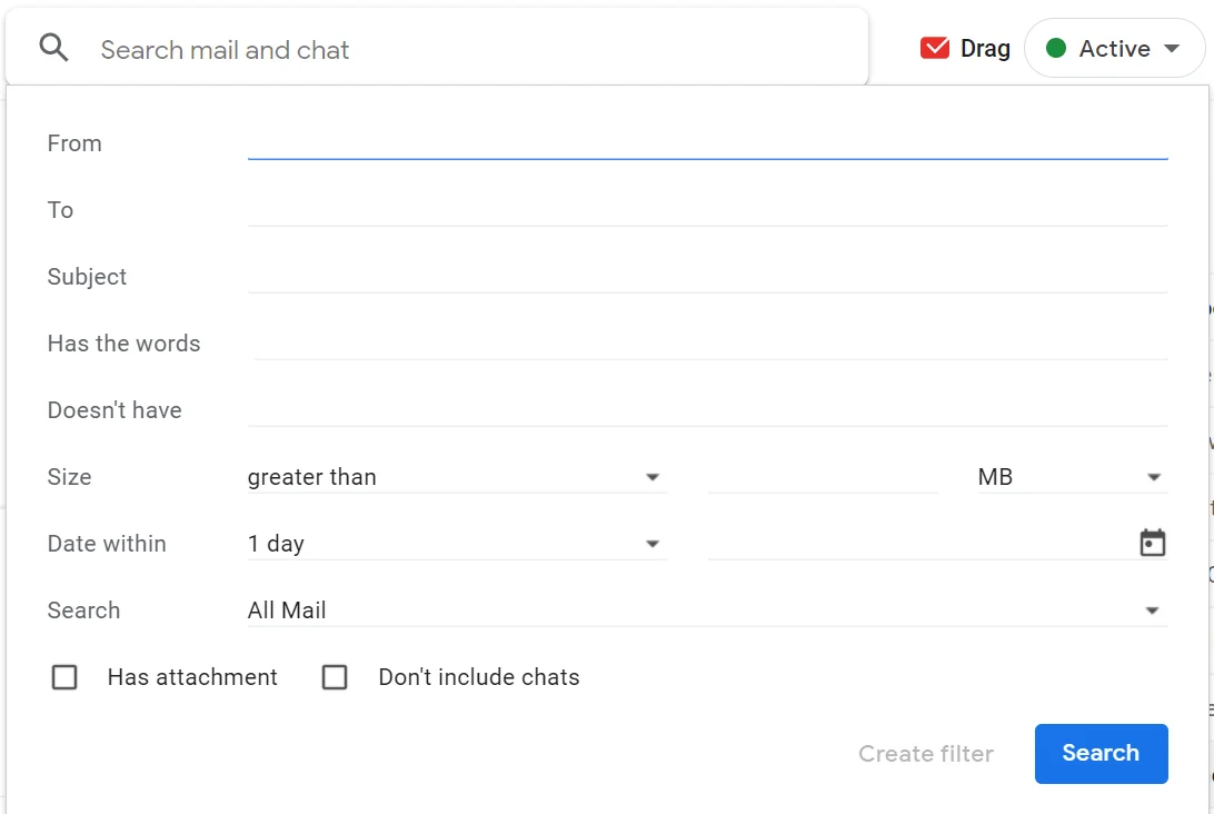 Gmail filter setting screenshot