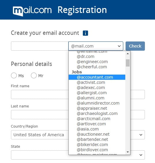 custom email domain list from Mail.com