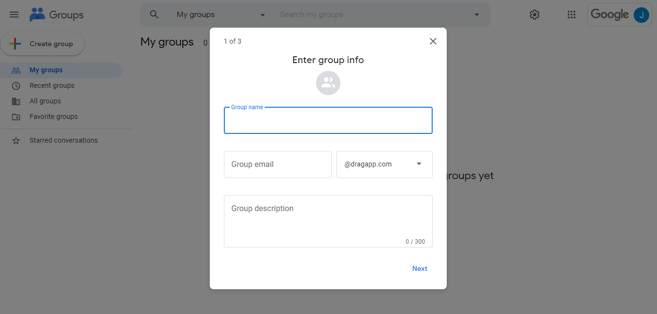 Step one of creating a Google Group