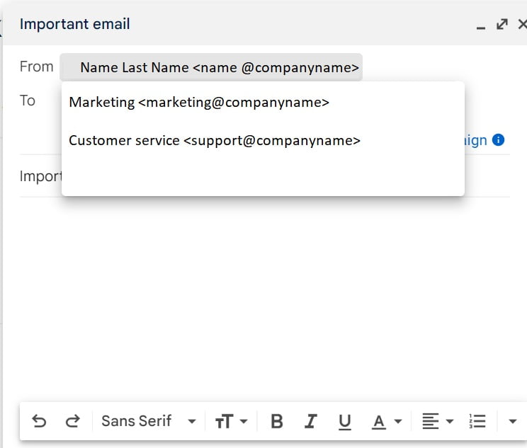 Screenshot of empty email. From field reads "Name Lastname name@companyname. Then, on a dropdown menu, it reads Marketing marketing@companyname, then Customer service