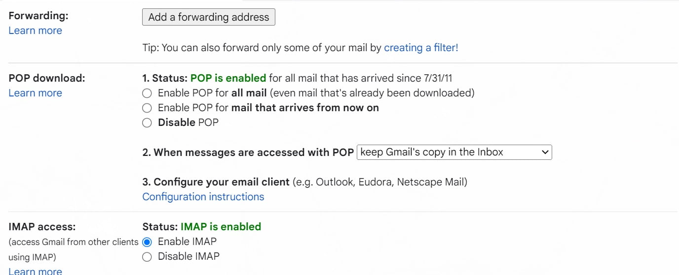 Gmail forwarding email address setting