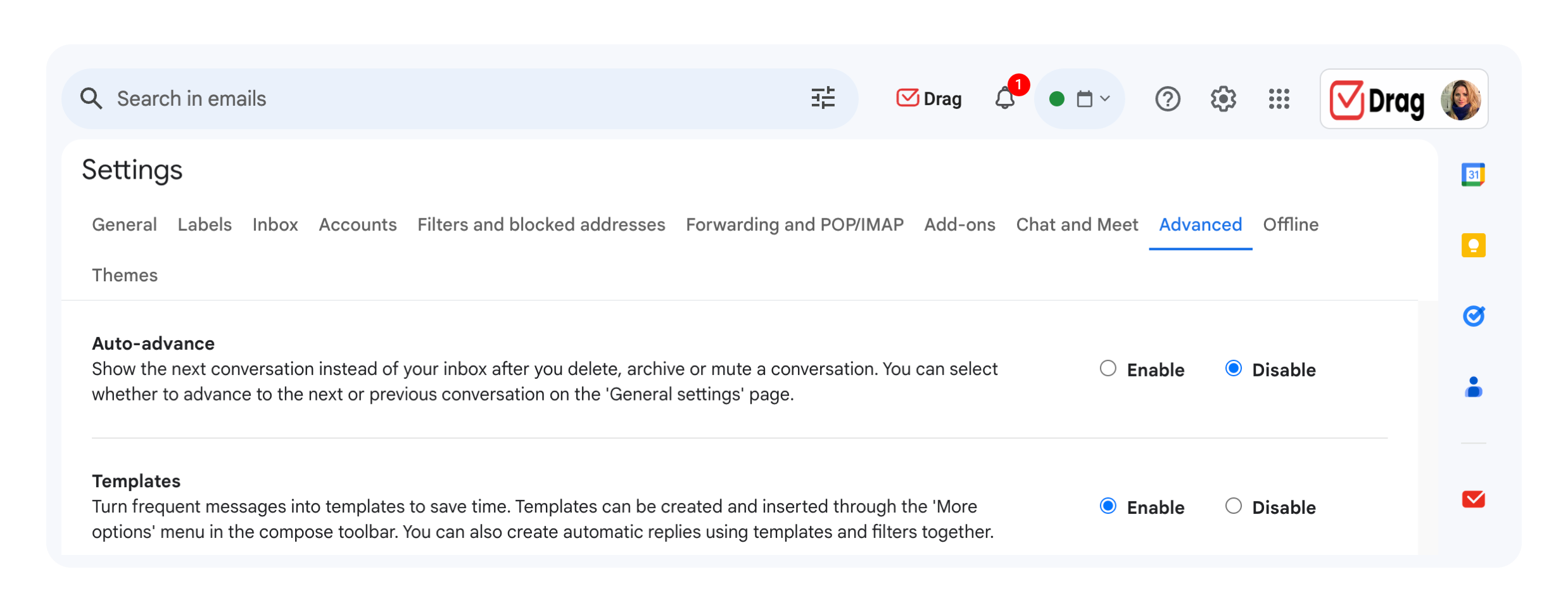 Gmail templates settings